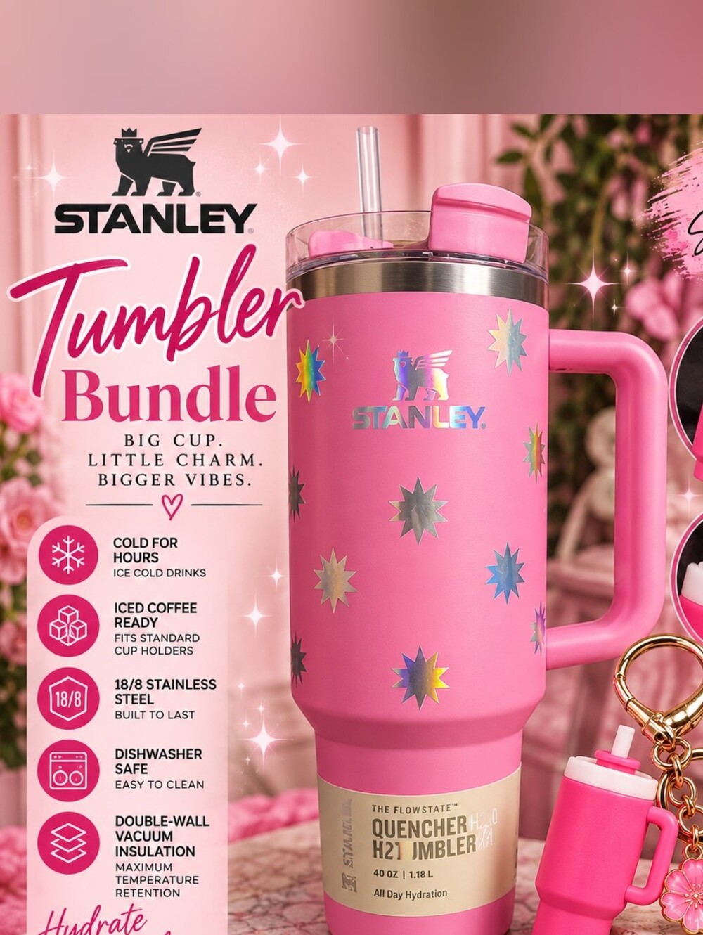 Stanley BUNDLE Pink Star Quencher Mug and Tumbler Keychain!!